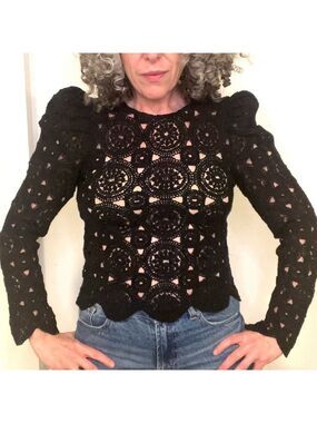 Black Lace Crochet Puff Sleeve Lace Top Goth Glam Romantic Boho Blouse XS-S
